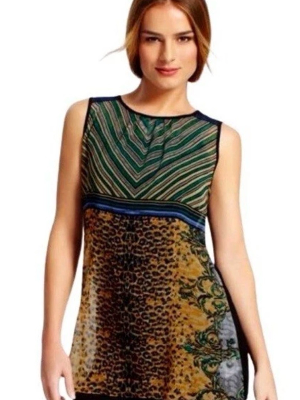 Cabi Tank Sleeveless Top Chiffon Animal Print Stripe Boho M